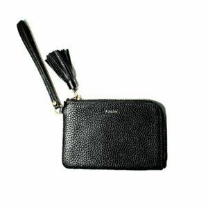 Fossil TARA Black Leather Zip Wristlet w/ Tassel Purse NWT
